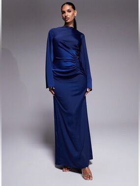 ASOS DESIGN exaggerated sleeves bias cut maxi dress with ruched waist in navy
